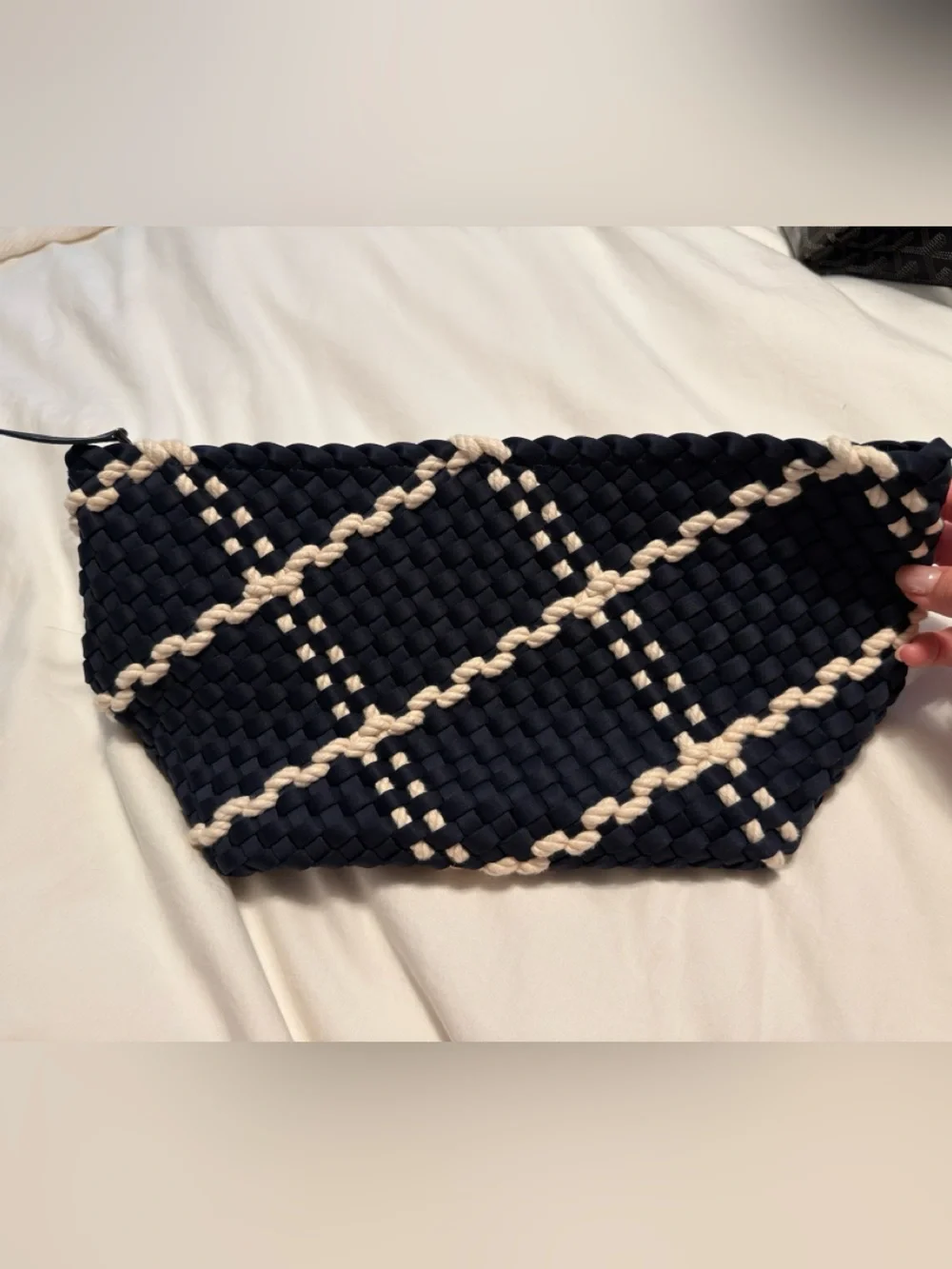 Naghedi Navy and Cream Woven Plaid Clutch